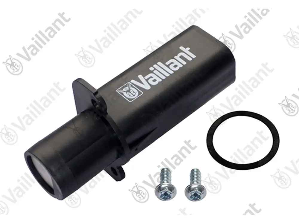 Vaillant-Sensor mit einem runden Anschluss vorne, schwarzem Gehäuse, zwei Schrauben und einem O-Ring, geeignet für verschiedene Heizsysteme.